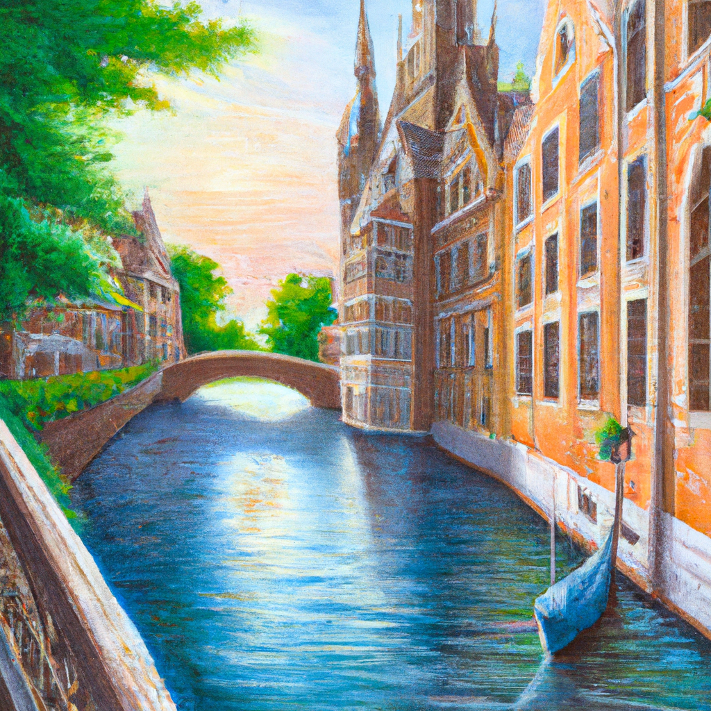 Oil painting brings life to the canals and castle of a place.