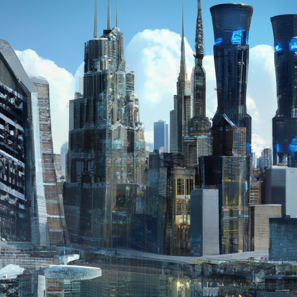 Glistening skyscrapers pierce the vibrant skyline.