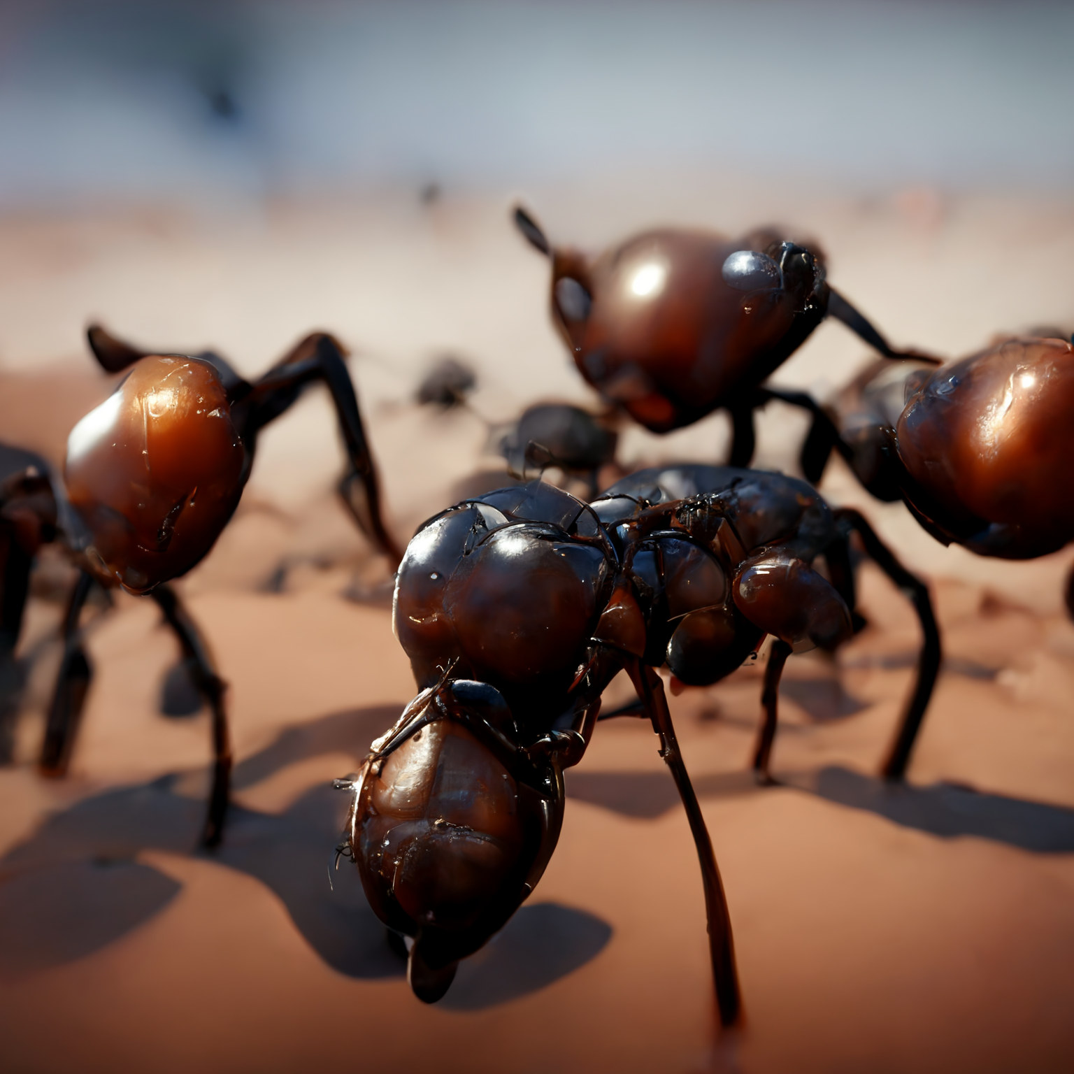 A big ant looking at a smaller ant.