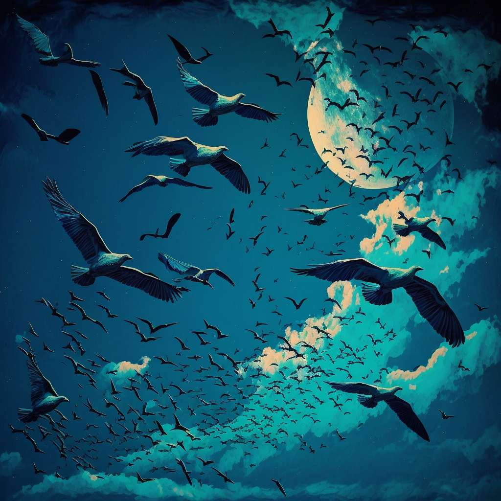 Various birds flying in the deep blue sky.