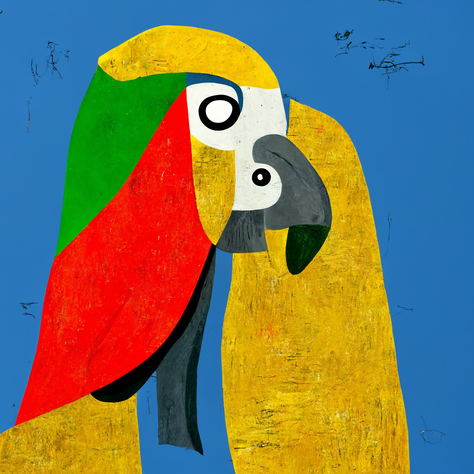 Parrot on a tree branch with a blue sky background.