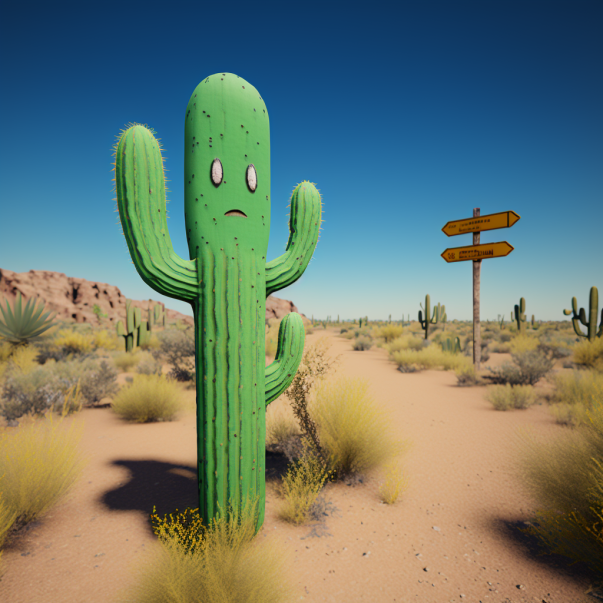 A green saguaro with a face.