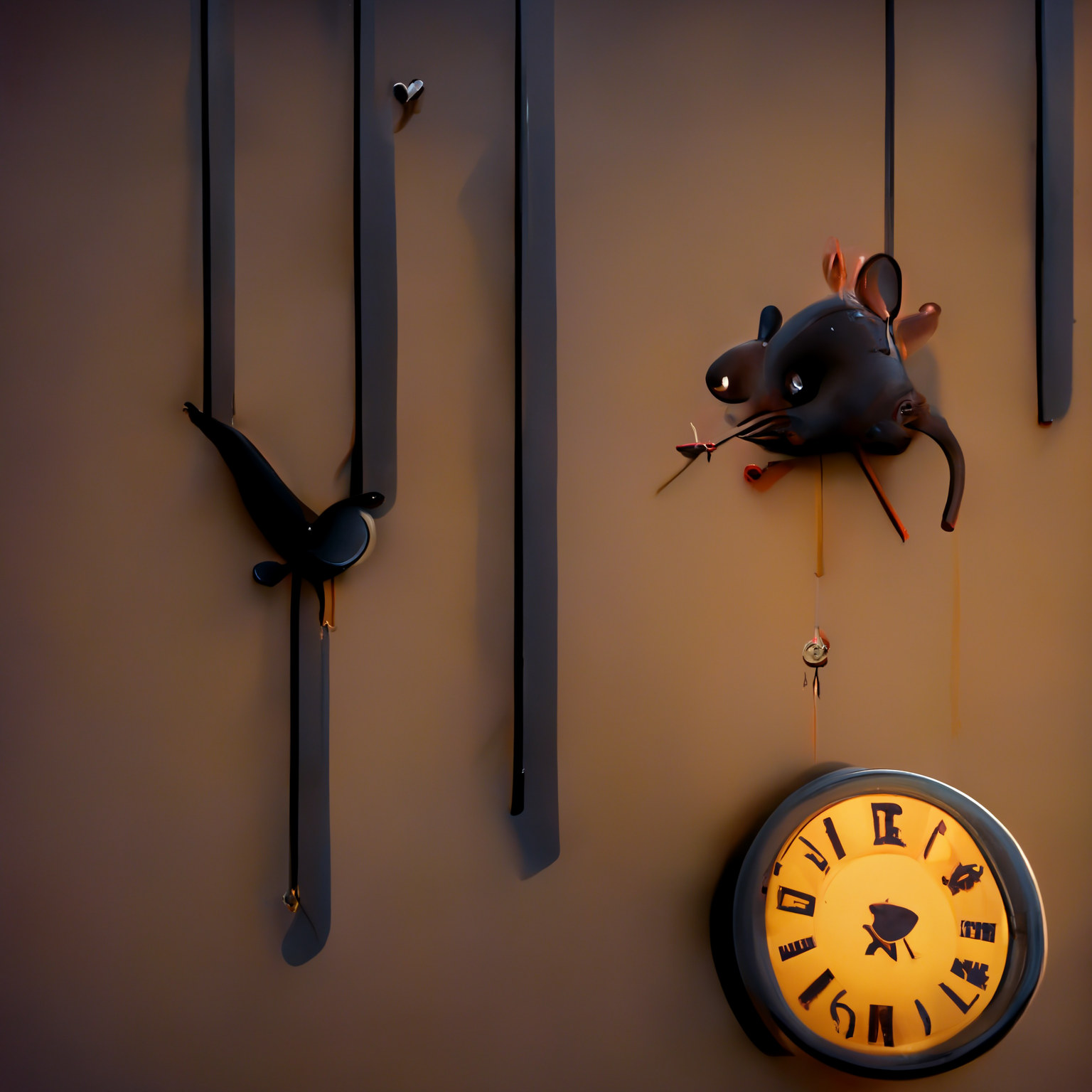Mouse running up the clock as it strikes one it will come down again.