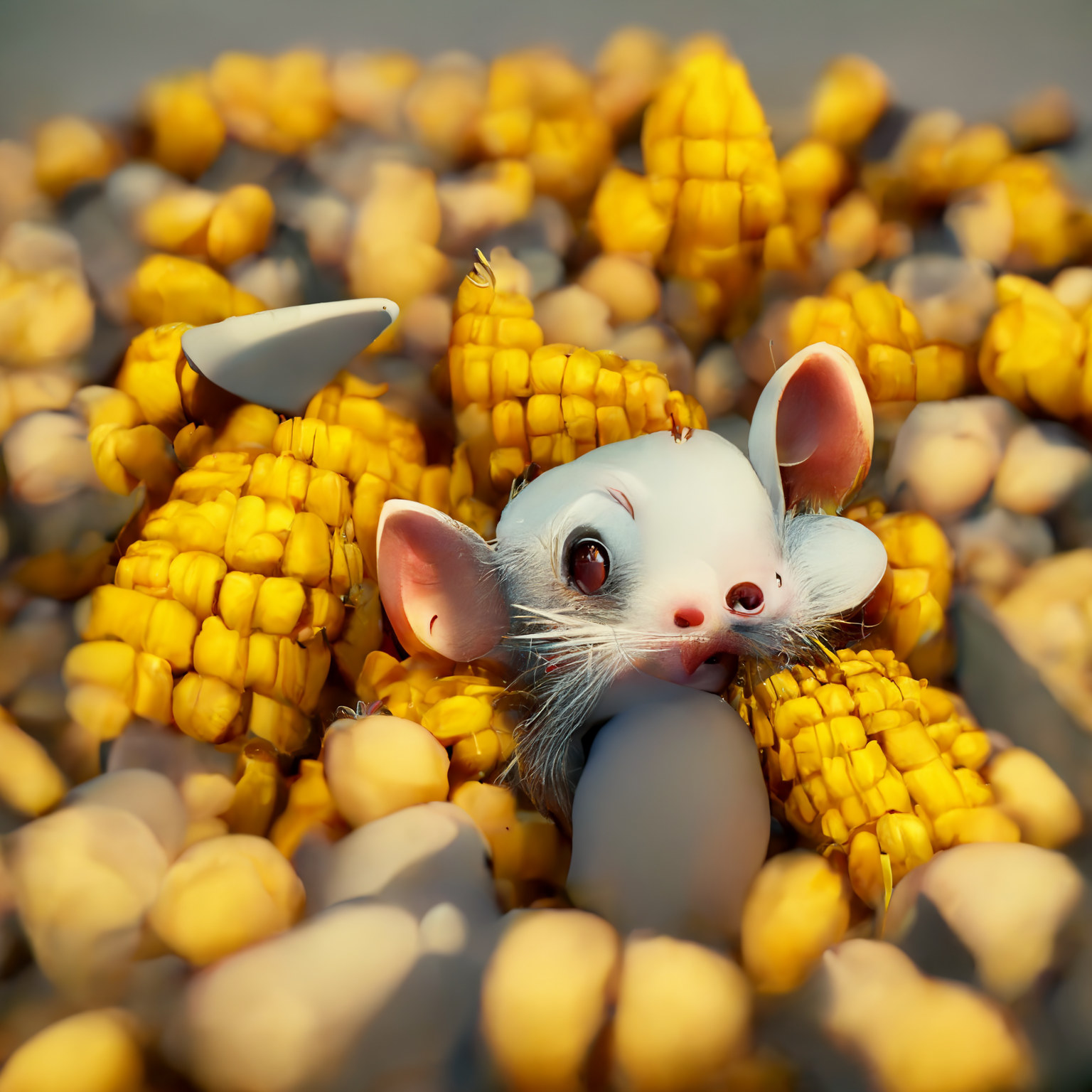 Mouse hiding in a pile of corn on the cob.