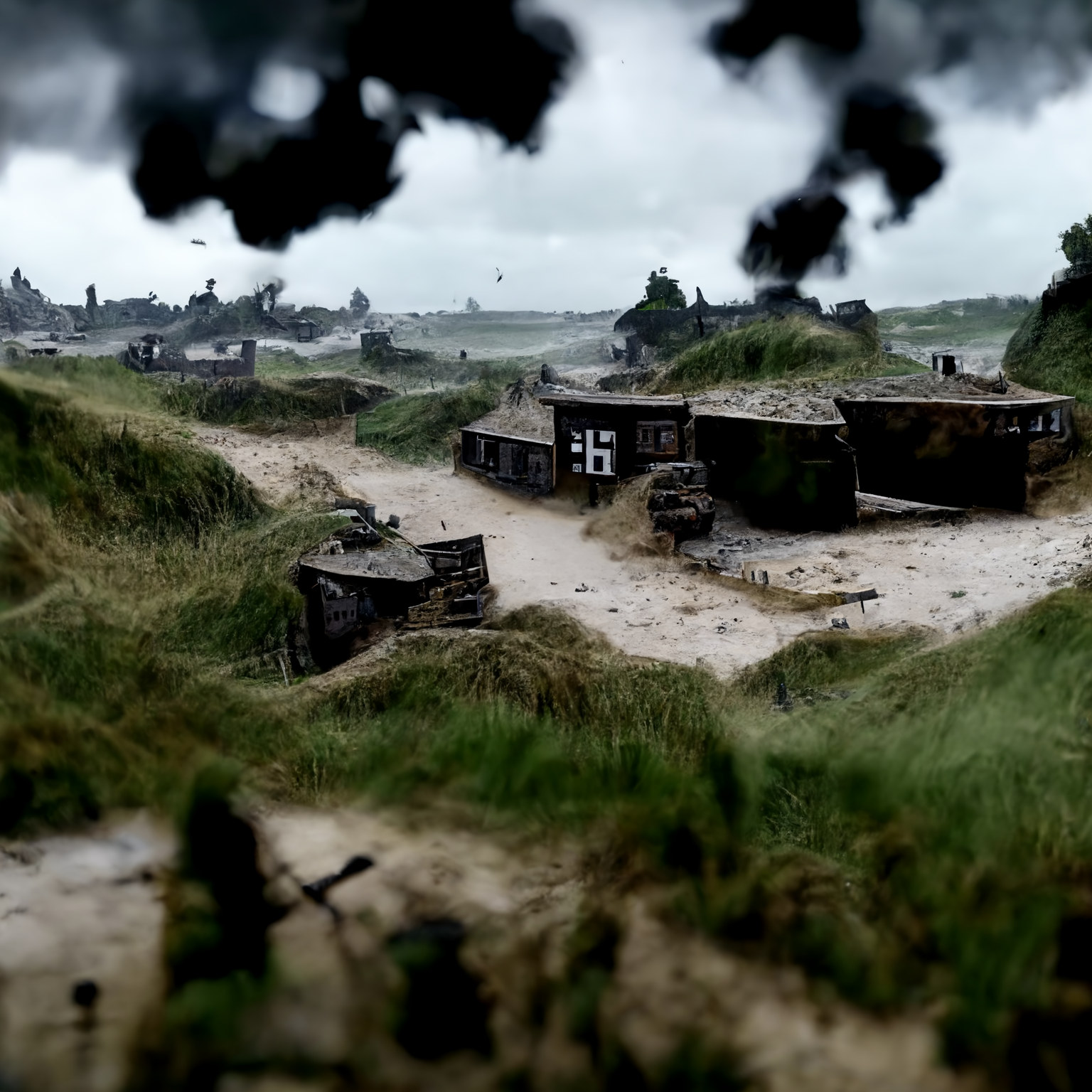 Smoke rising from the coastline in the distance.