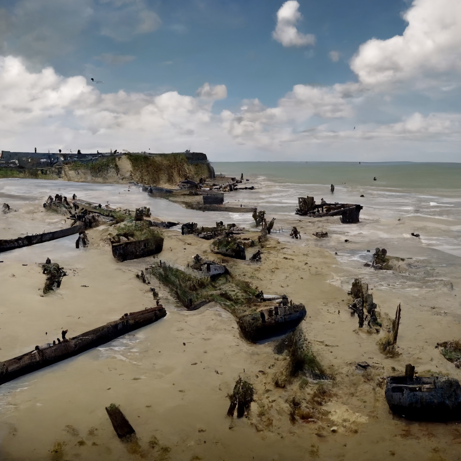 Landing craft stranded on the beach.