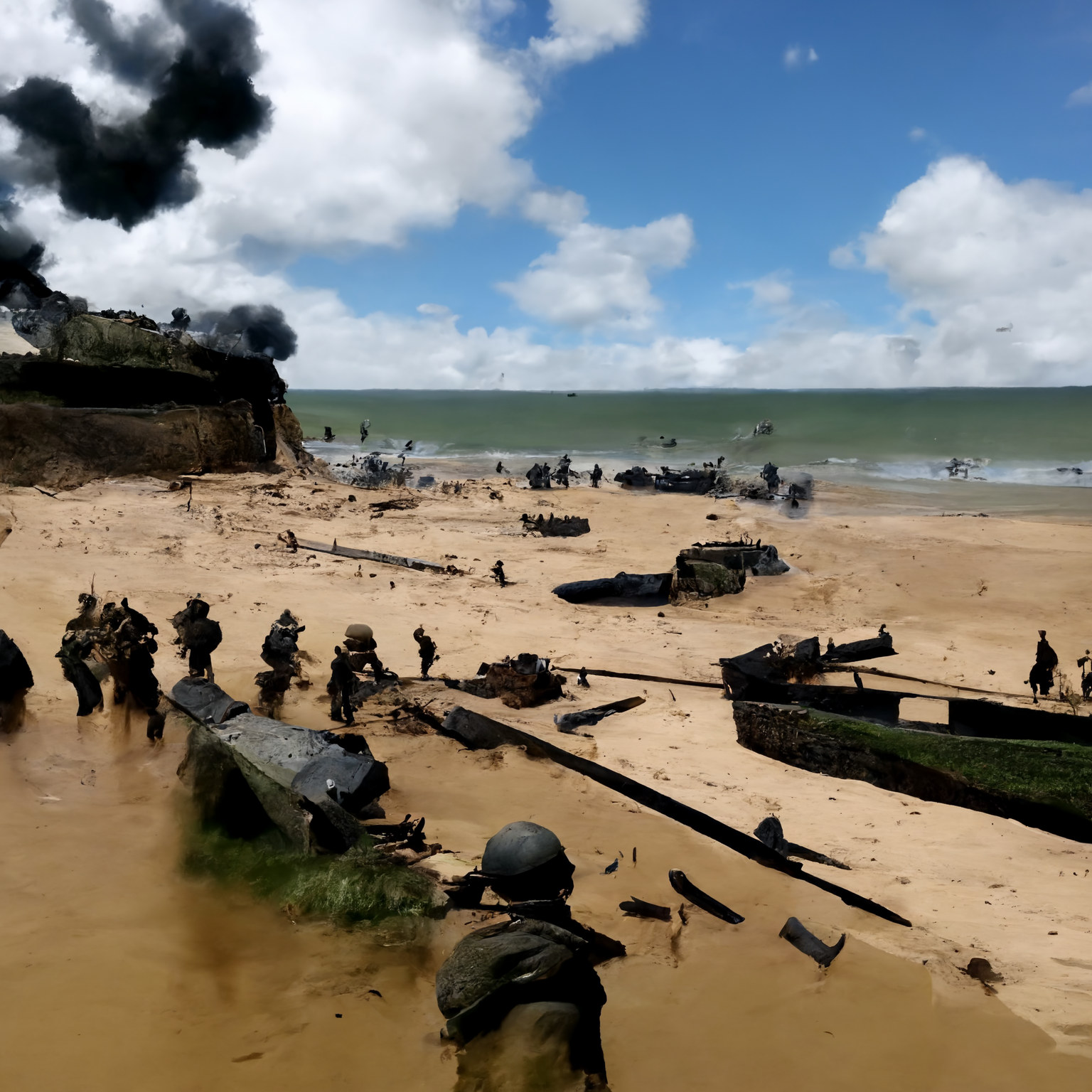 Soldiers head towards the cliffs and German defence positions.