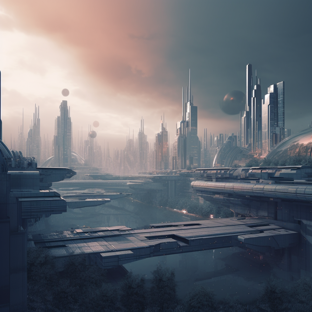 A futuristic dystopian cityscape.