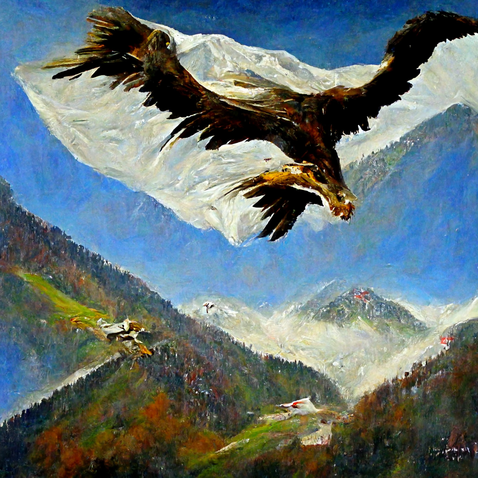An eagle which looks like it is flying over an Alpine valley.