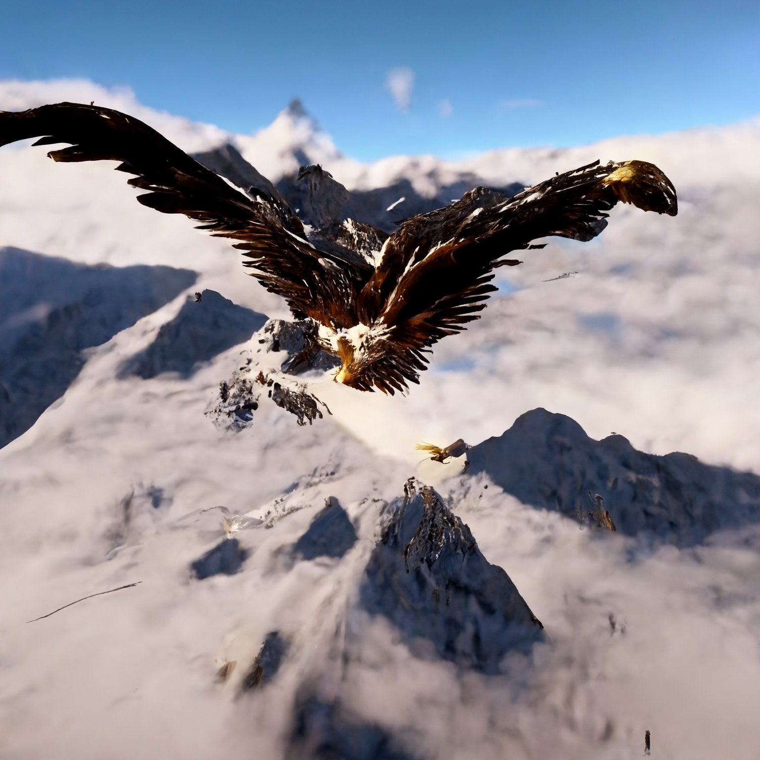 Facing the viewer, and flying over mountains.