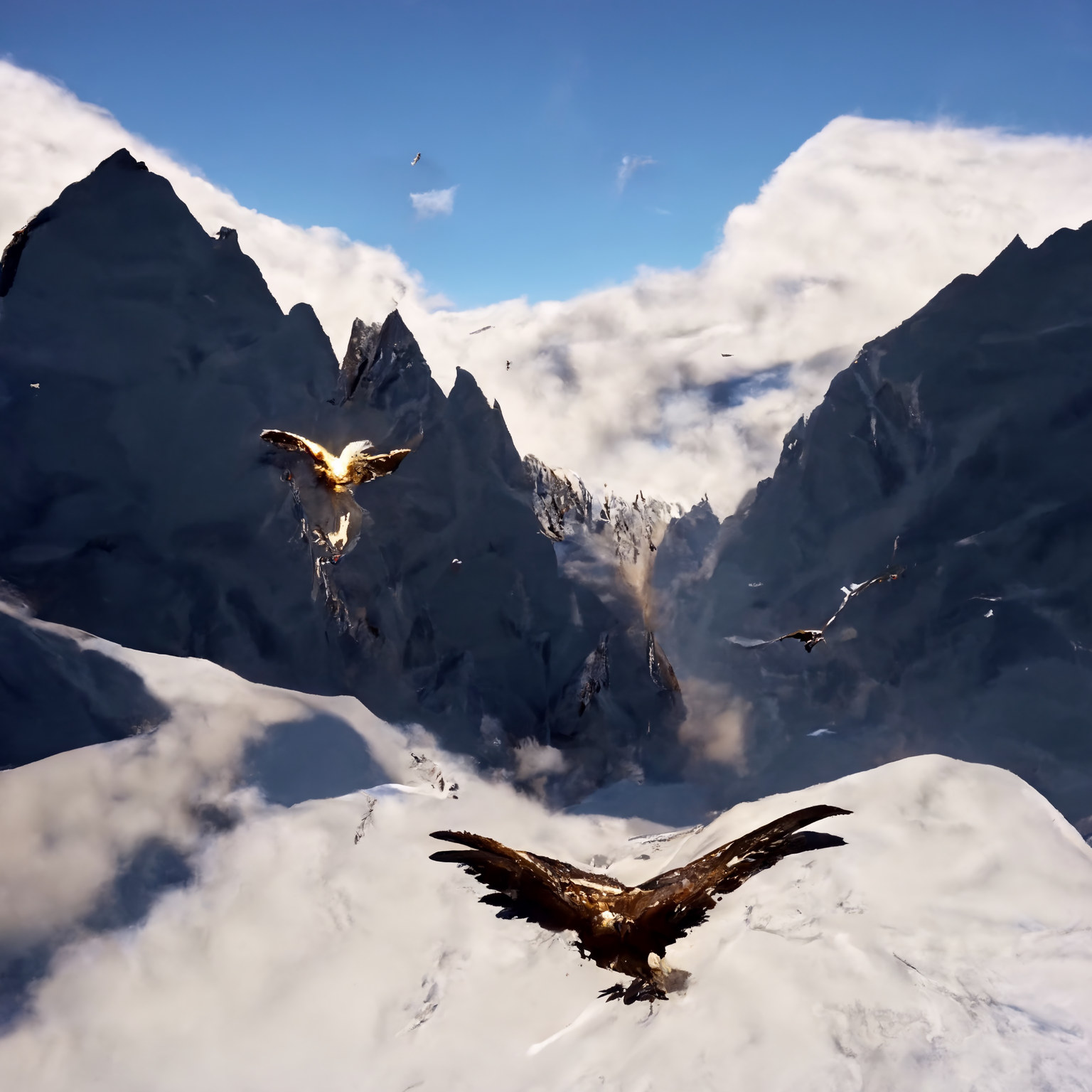Two eagles in the sky with mountains far below.