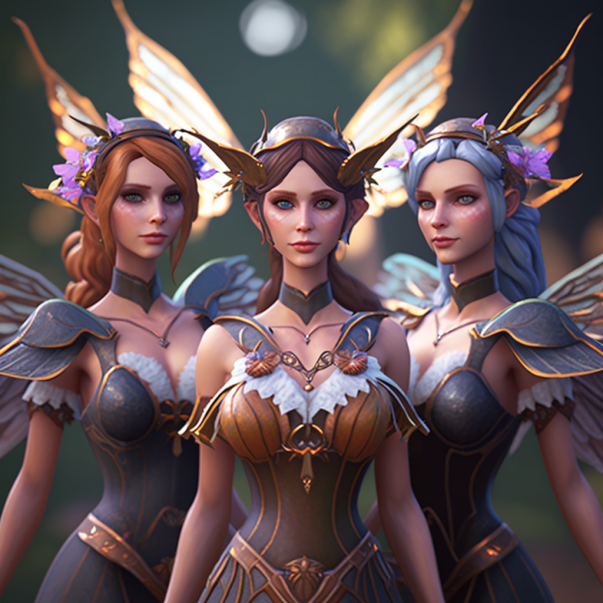 A group of three fairies standing together.