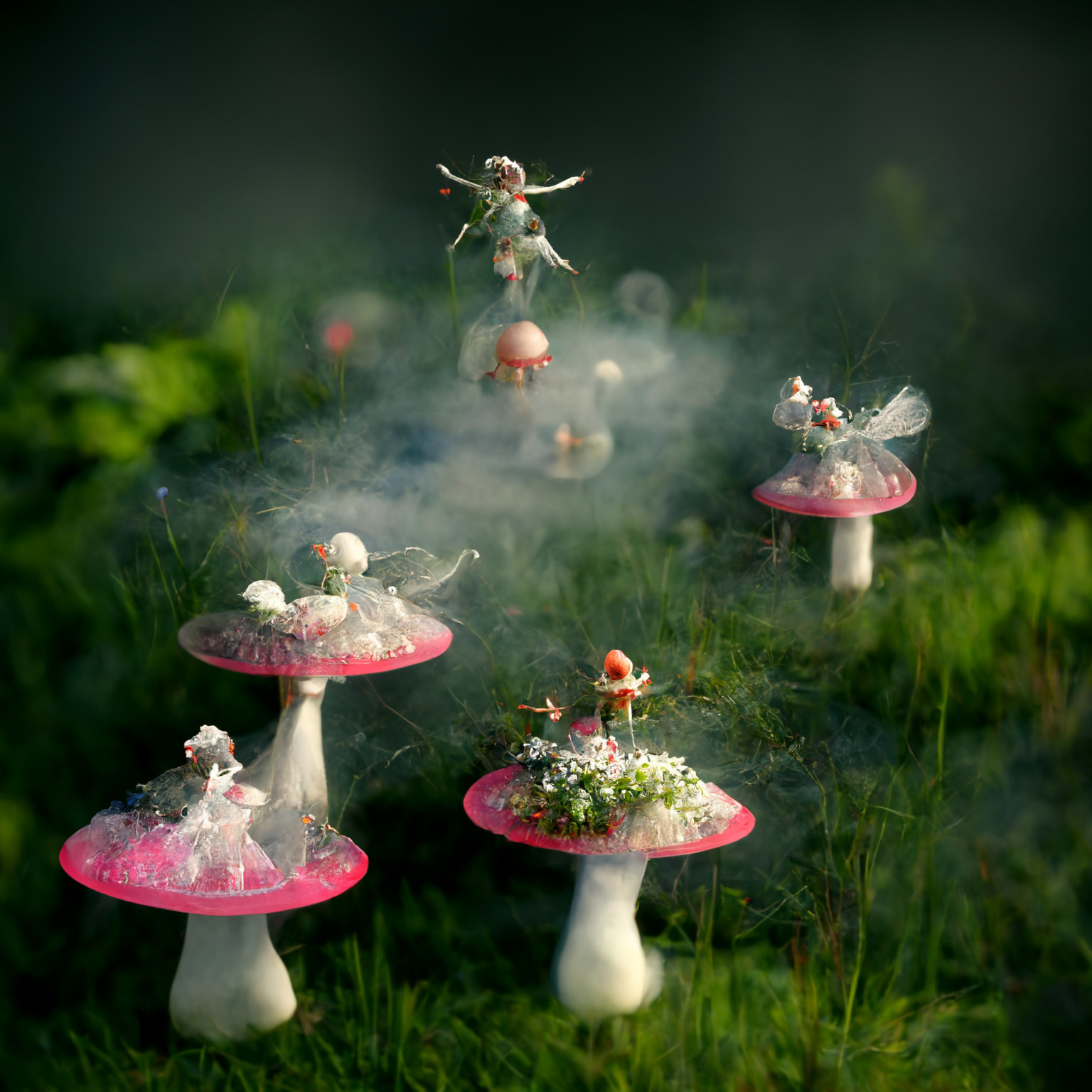 Fairies in the garden with toadstools swirling mist.