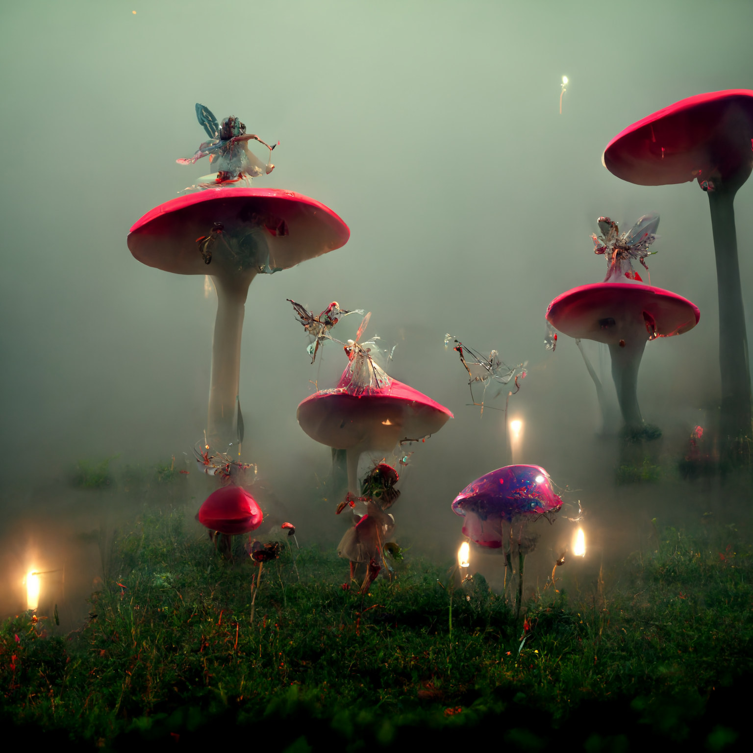 Fairies in the garden standing on toadstools.