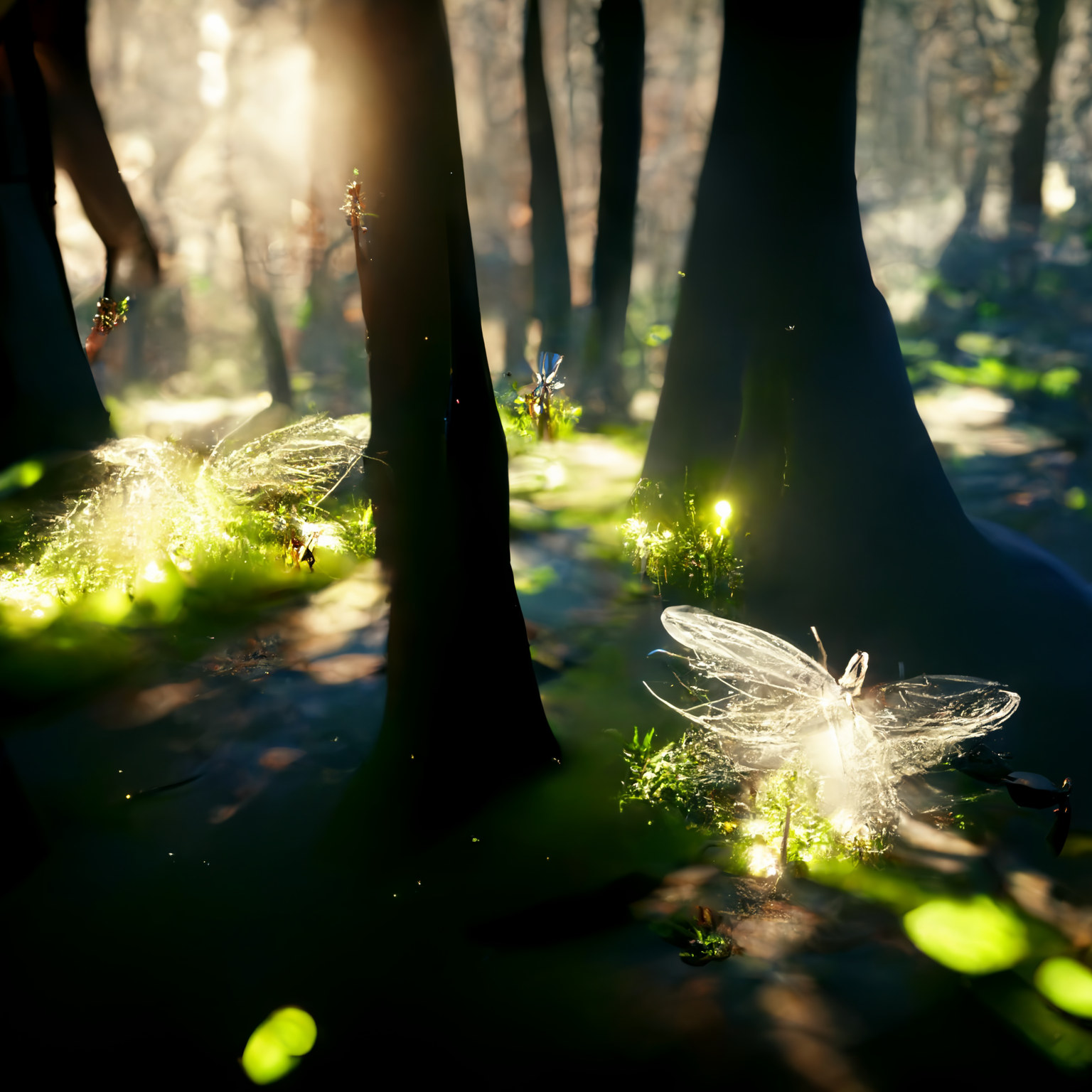Flying through the sunlit forest.