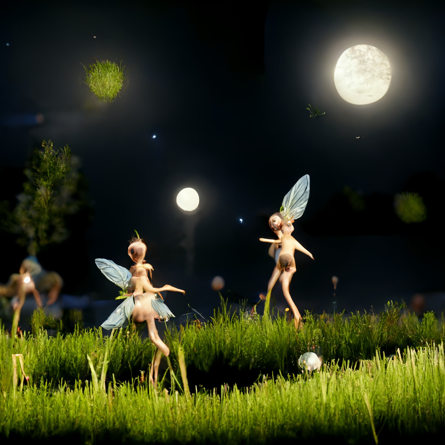 Various fairies in grass with the moon in the background.