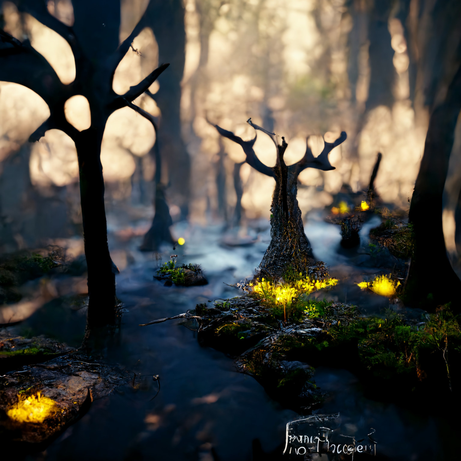 Forest fantasy scene with yellow flowers.