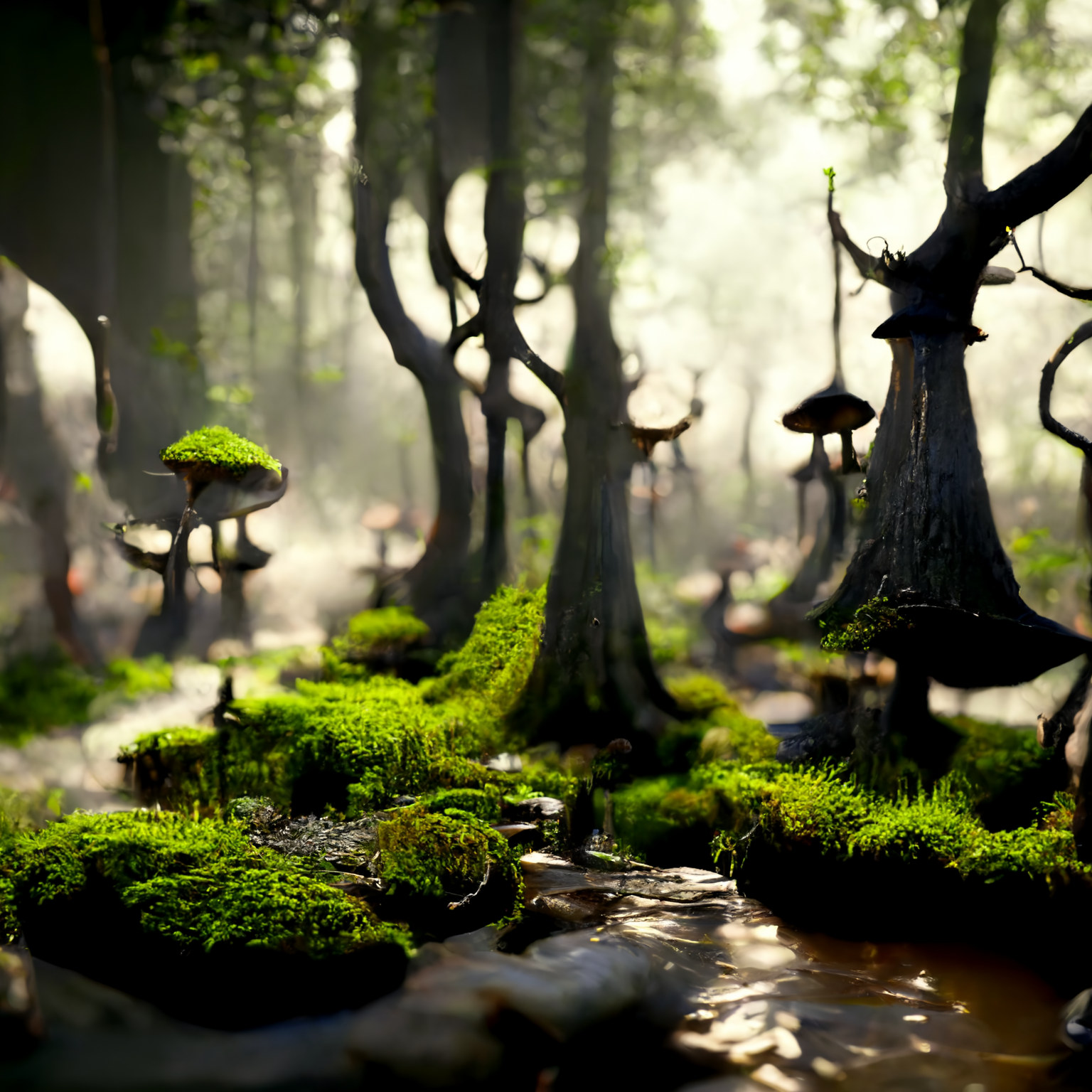 Stream running through a green forest.