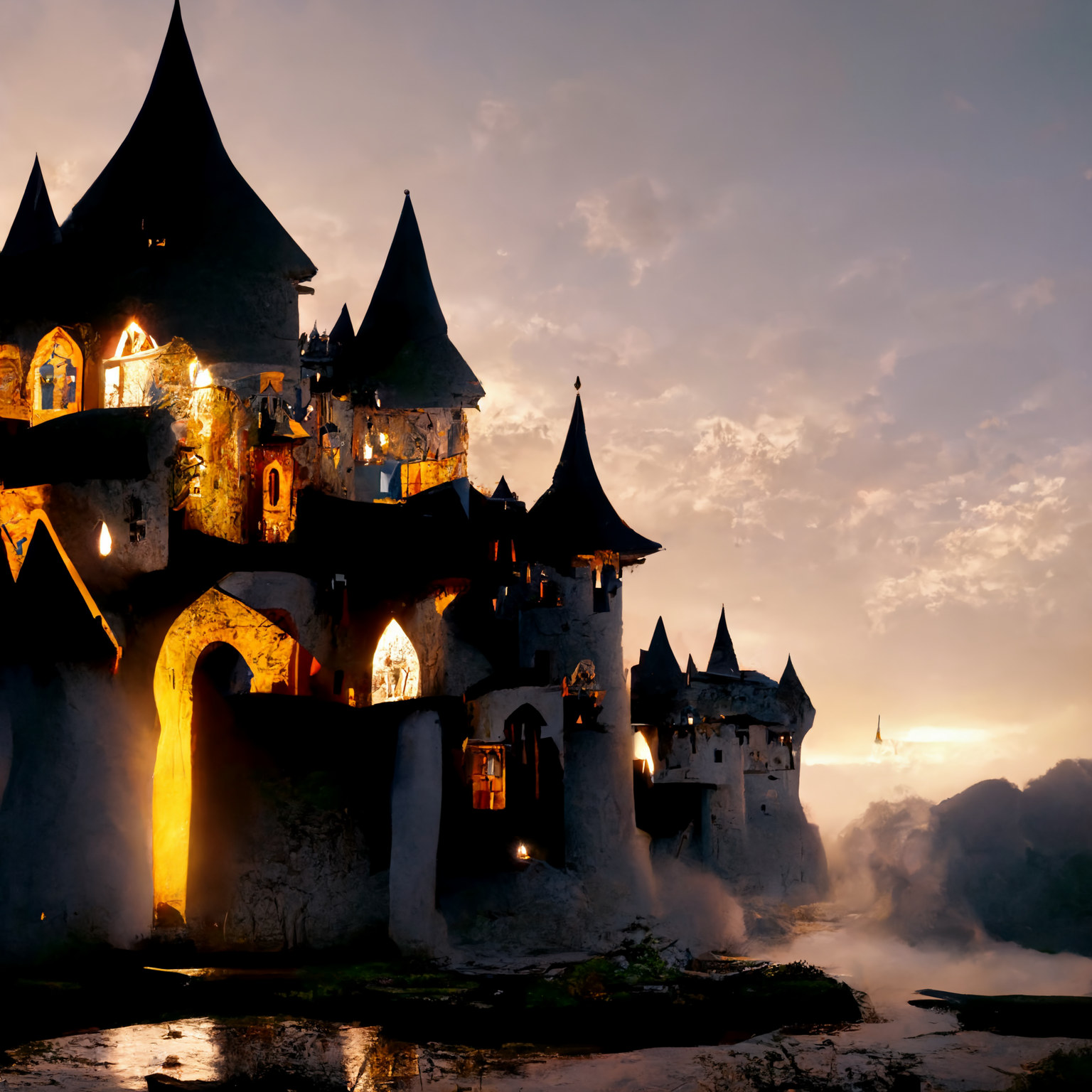 Spiked towers on a coastal castle.