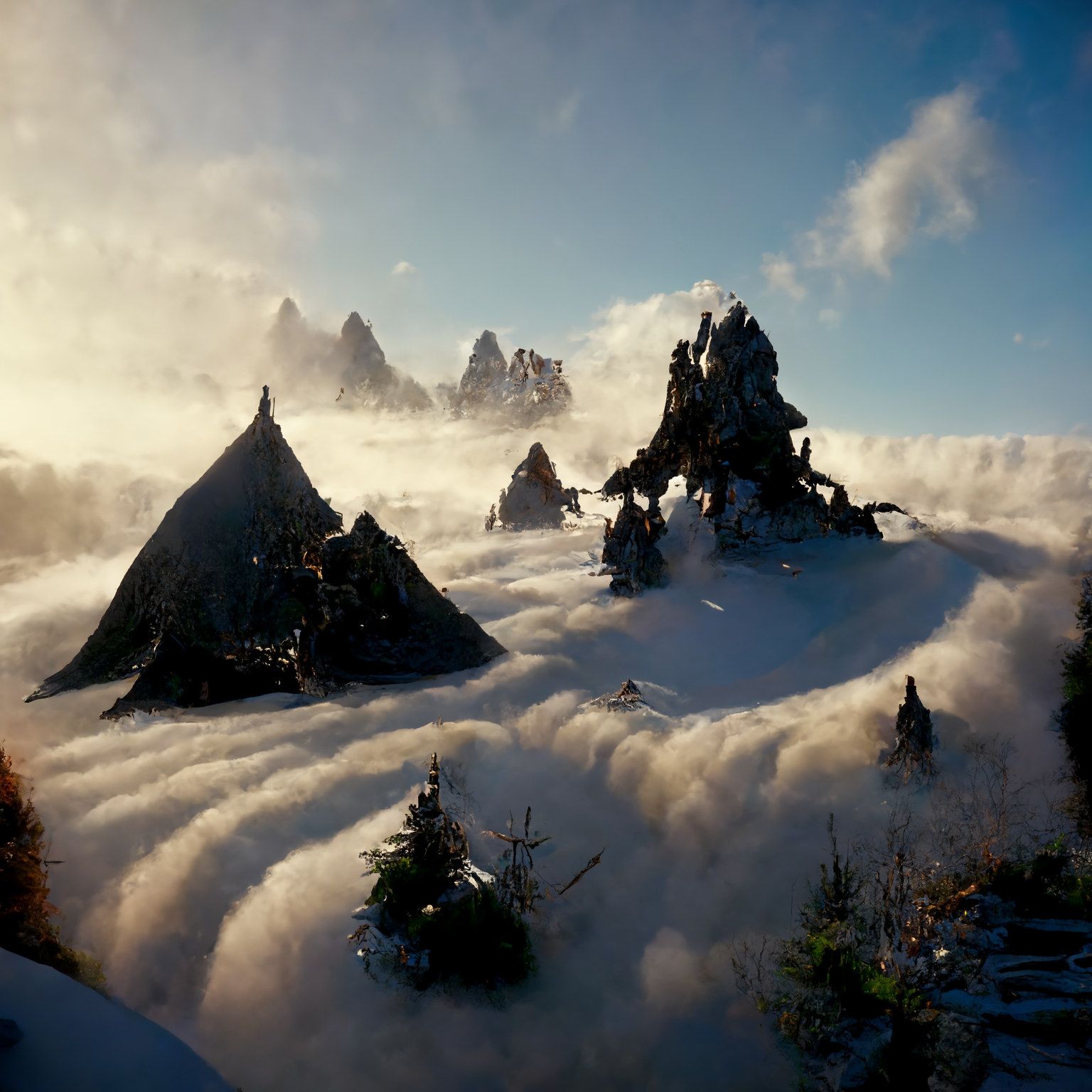 Mountain tops with rugged rocky outcrops.