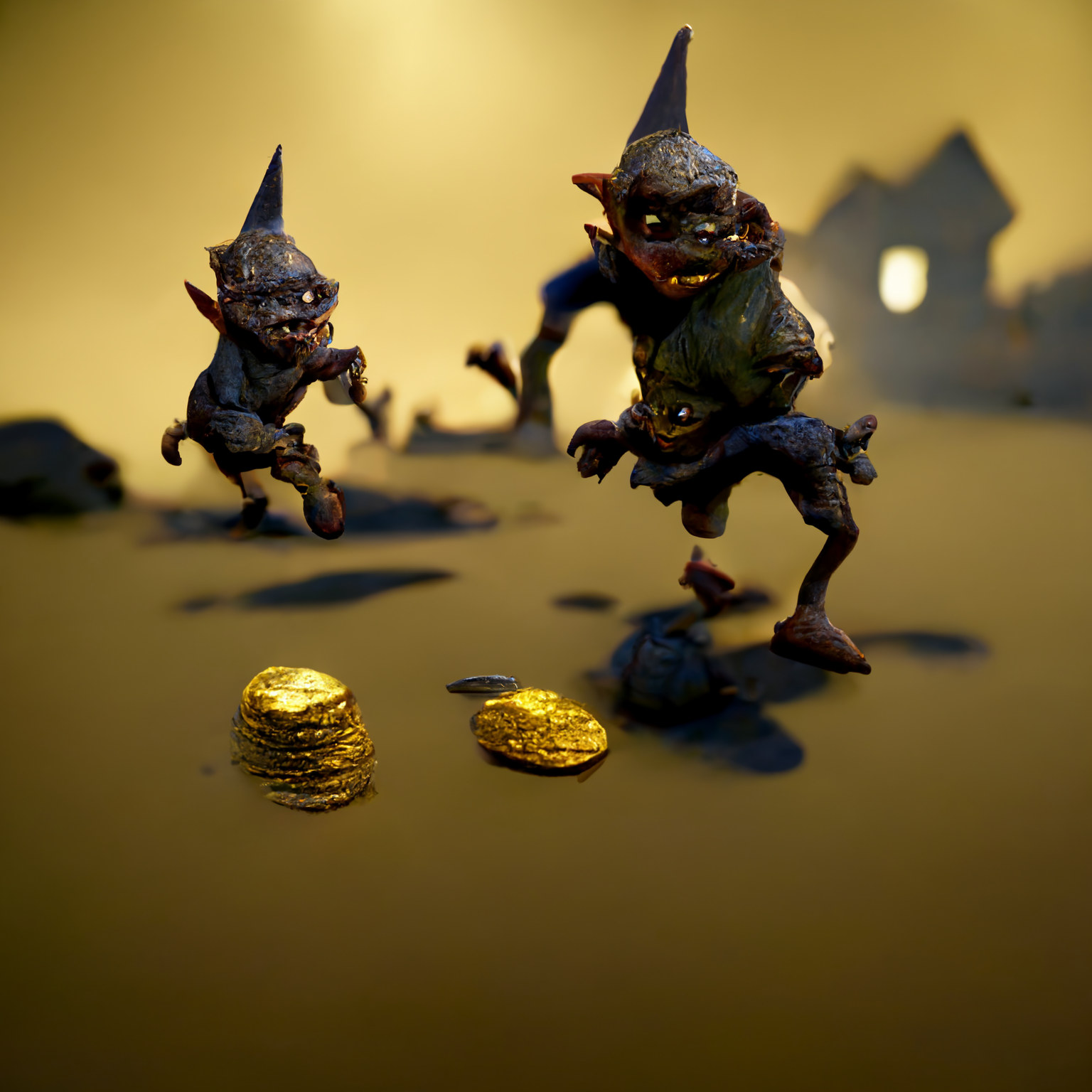 Two goblin characters sprinting towards gold coins.