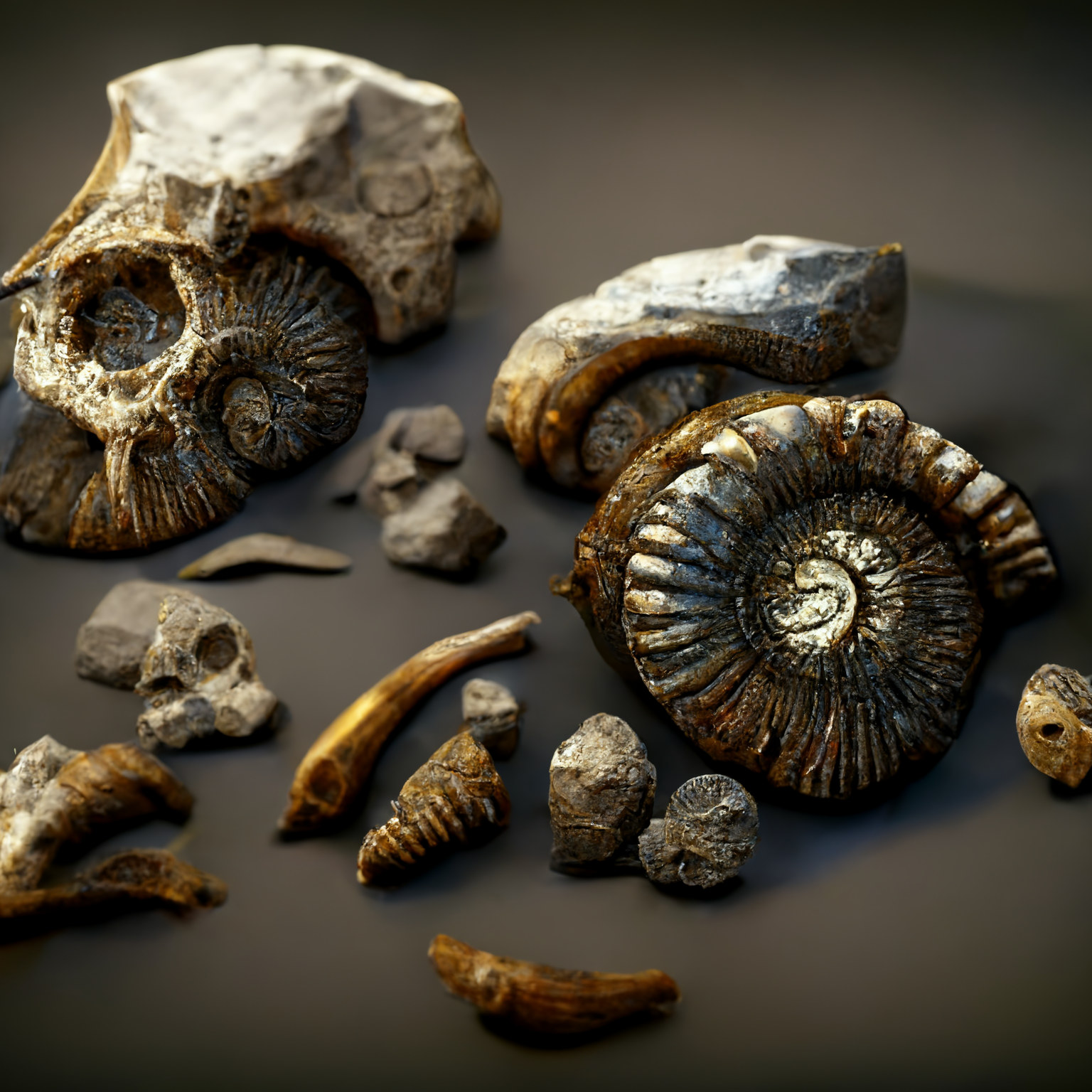 A collection of fossils including shells and teeth.