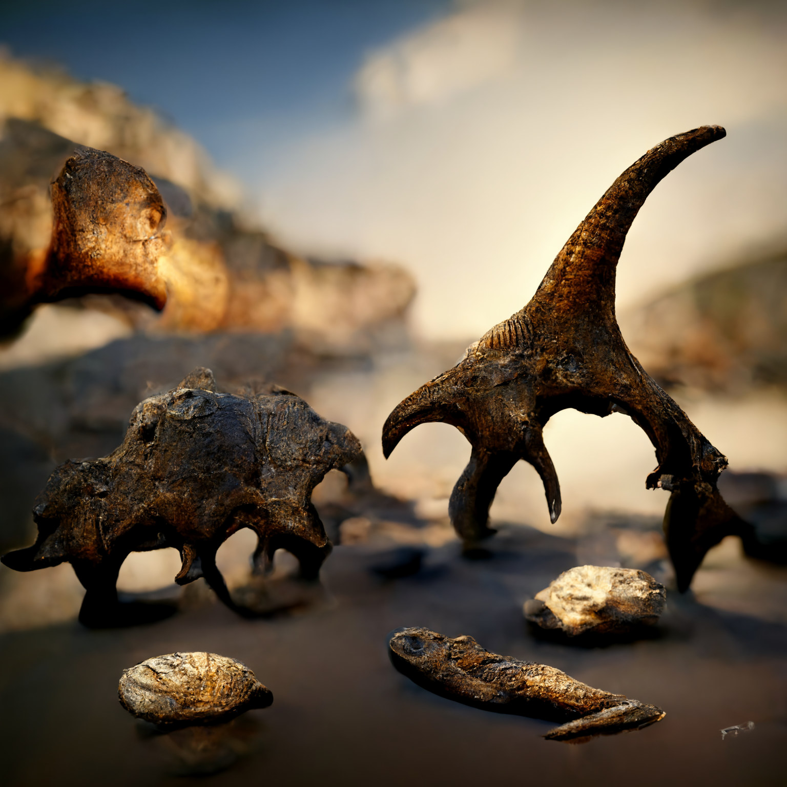Dino tooth with roots and other fossilized fragments.