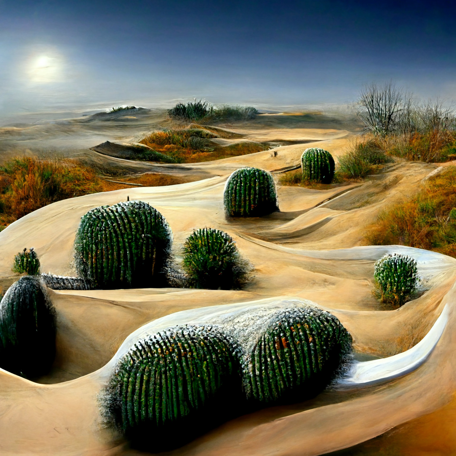 Cacti on swirling desert sand.