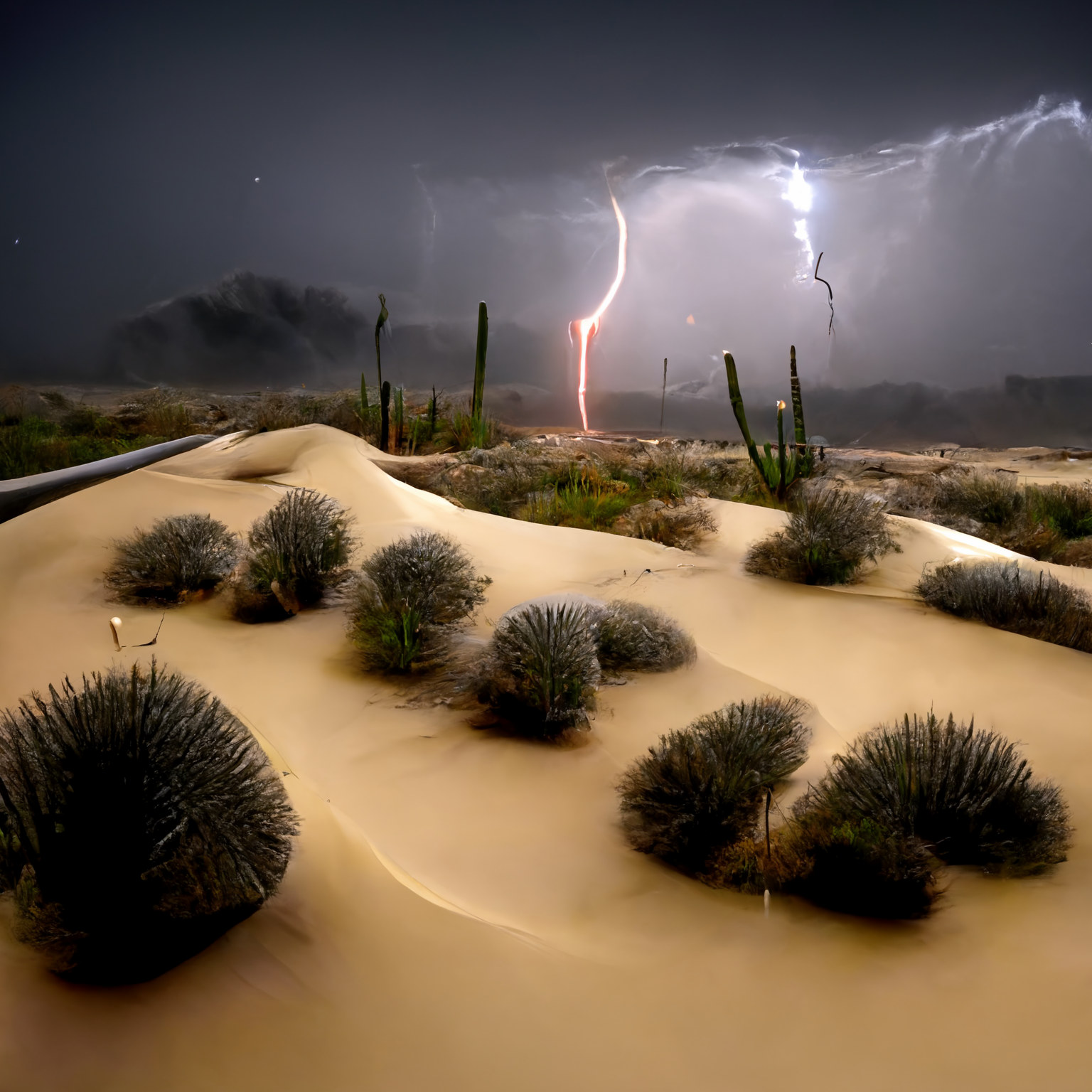 Bolts of lightning strike the ground.