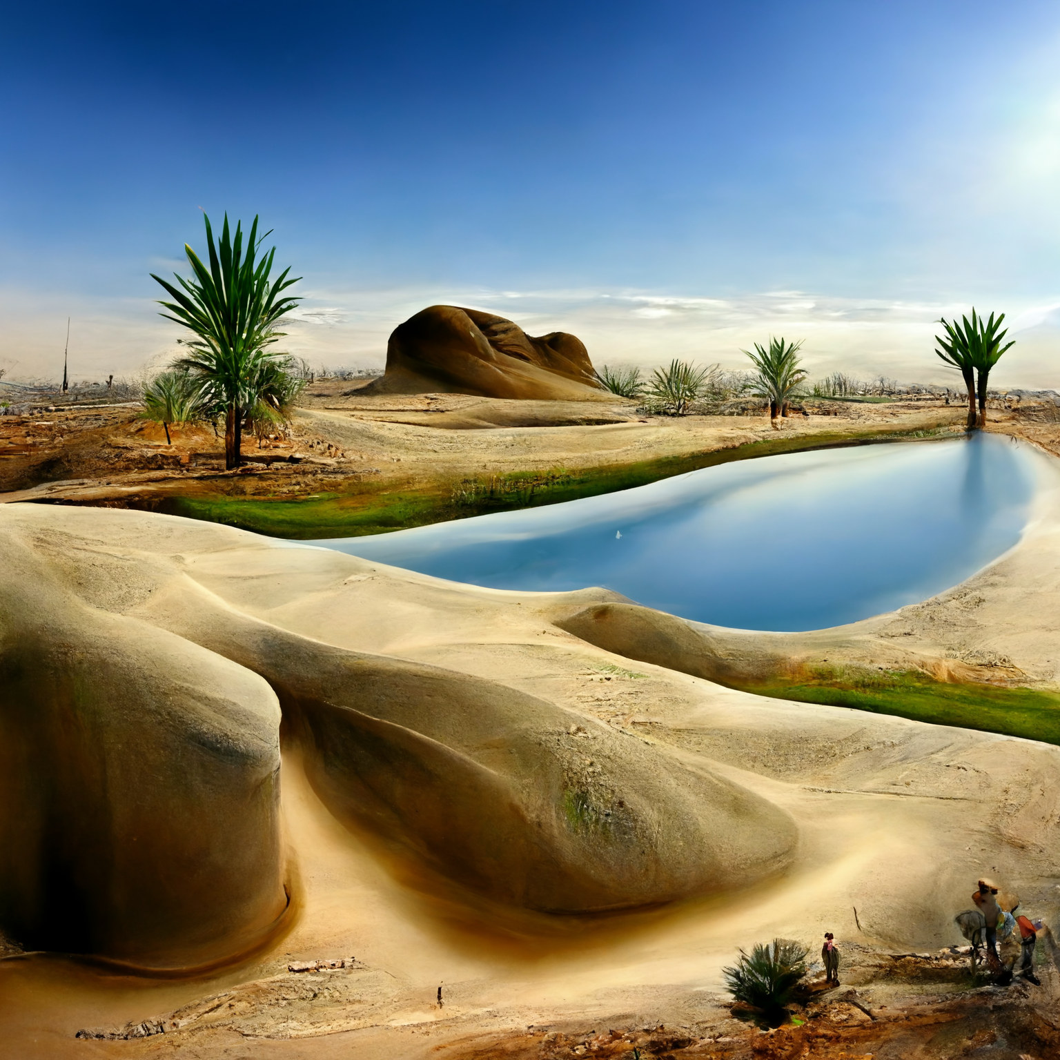 A lake of water in a desert oasis with people.