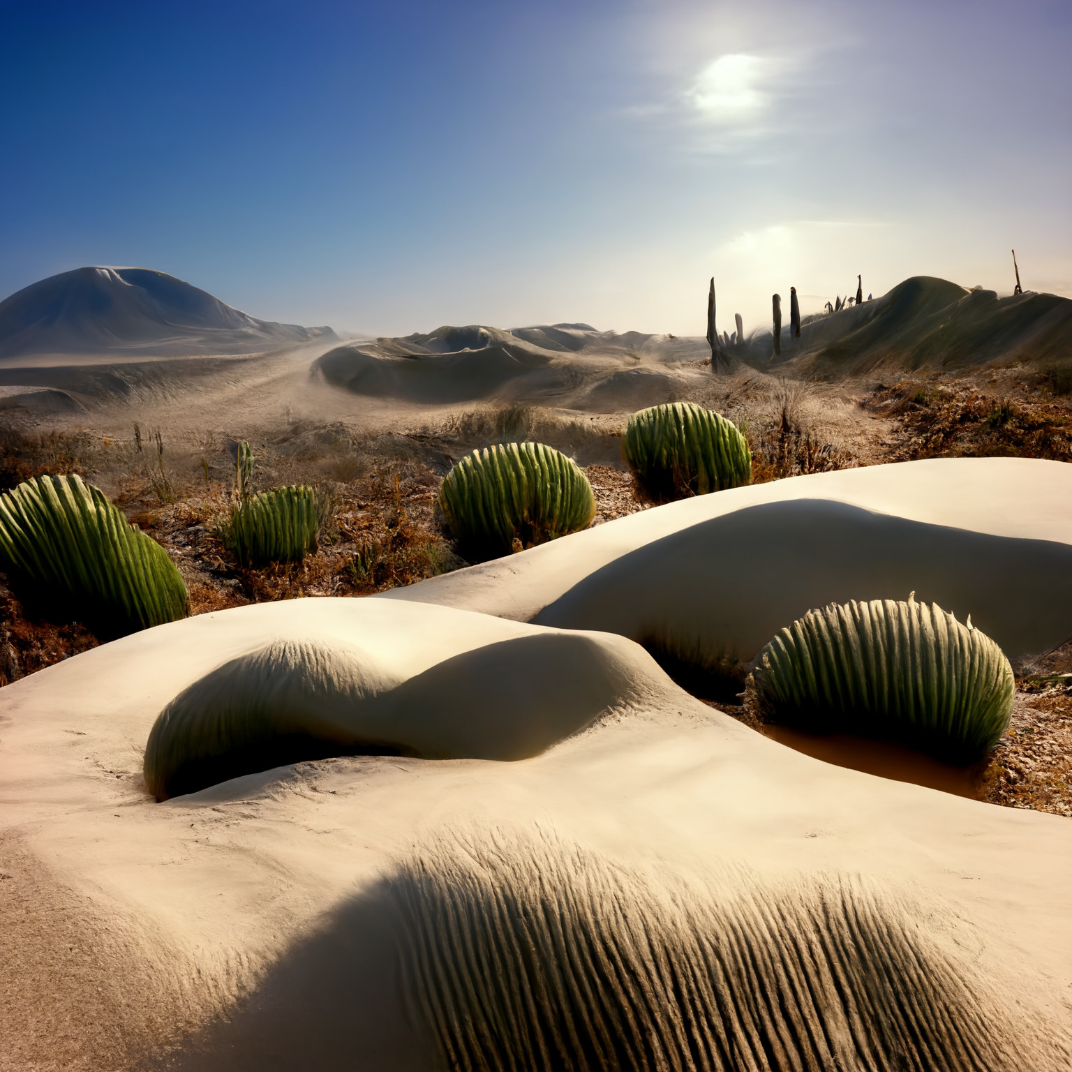 Stunning Unreal Engine render of AI desert with cacti.