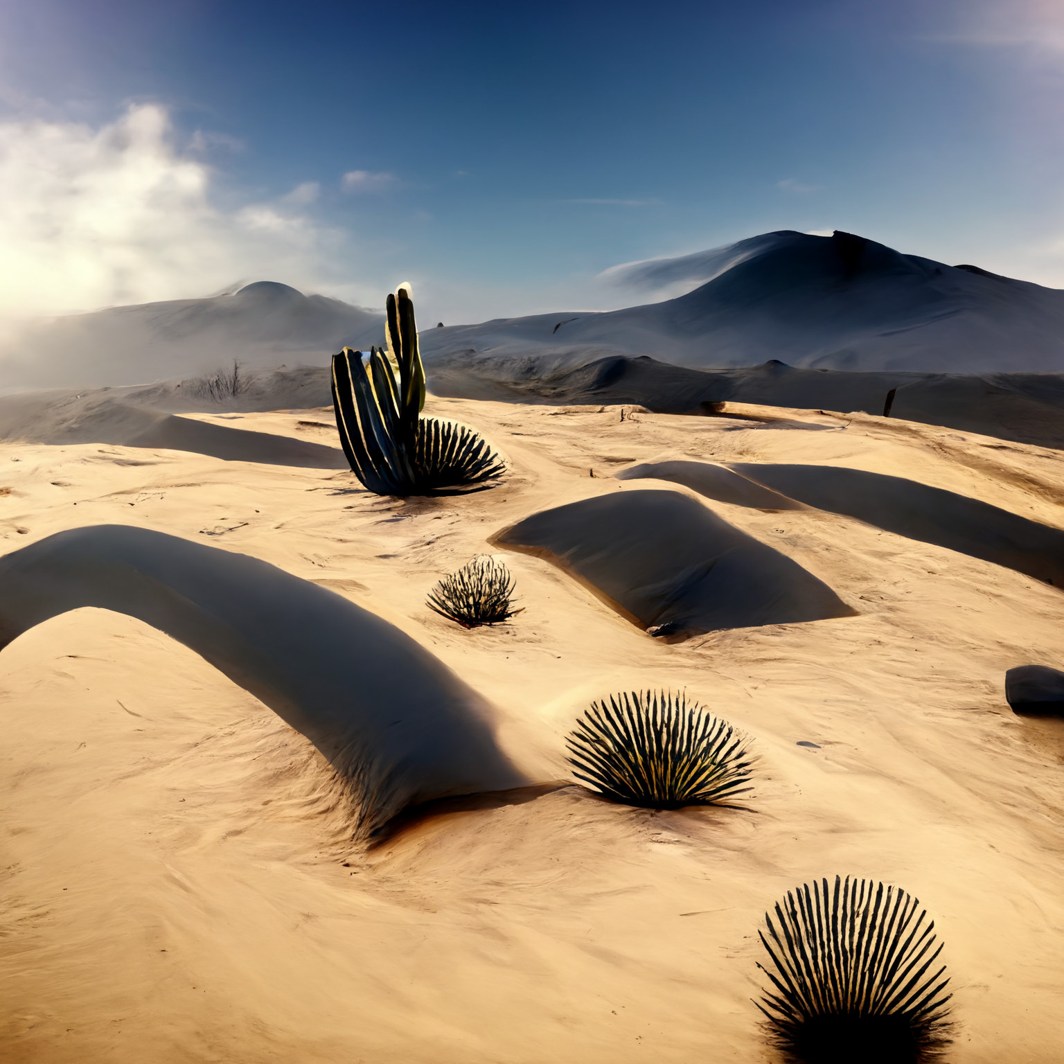Unreal engine render of desert with clouds rolling off mountain.