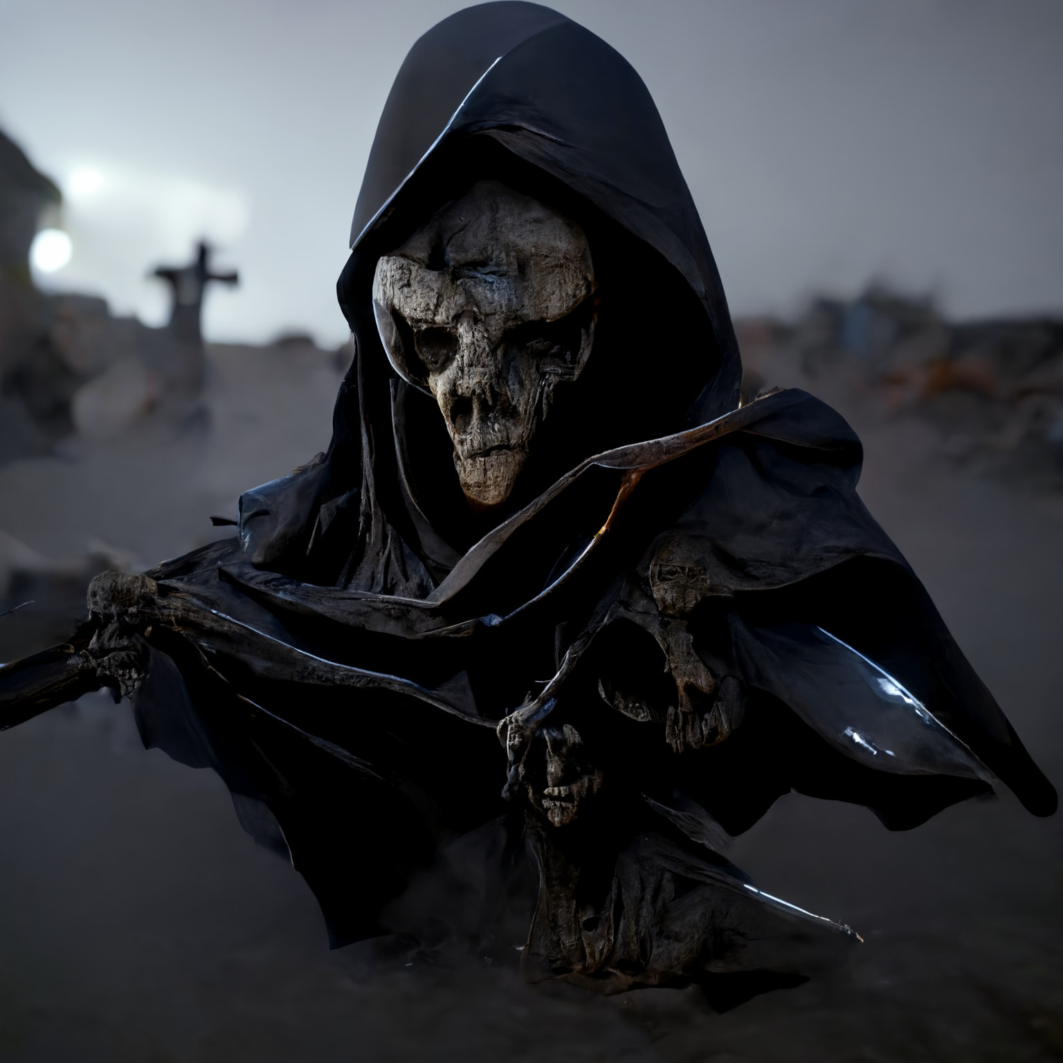 Evil looking close up shot of the grim reapers face.