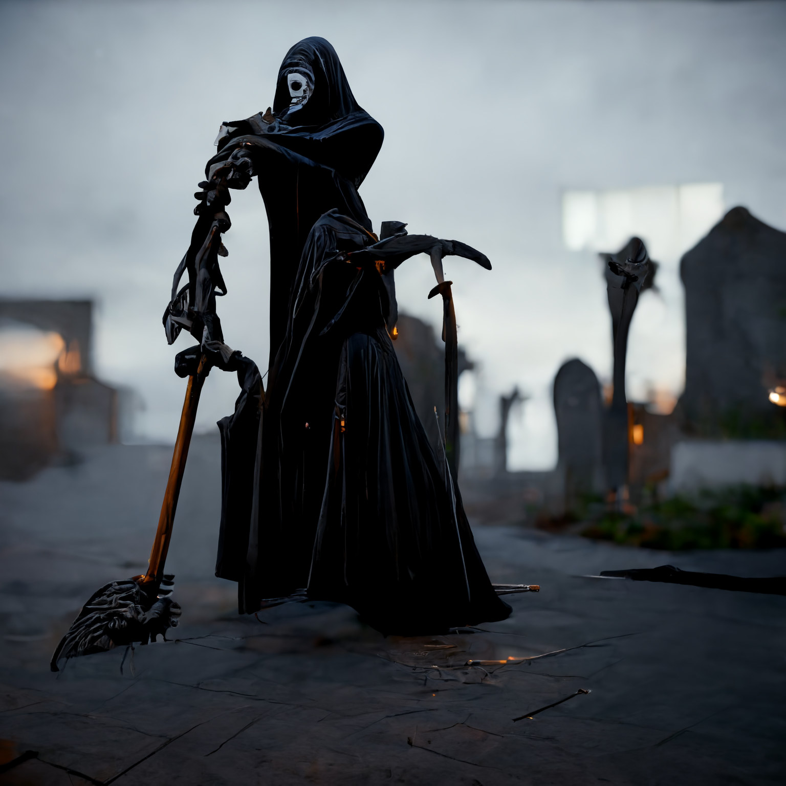Reaper leaning on a pole with headstones in the background.