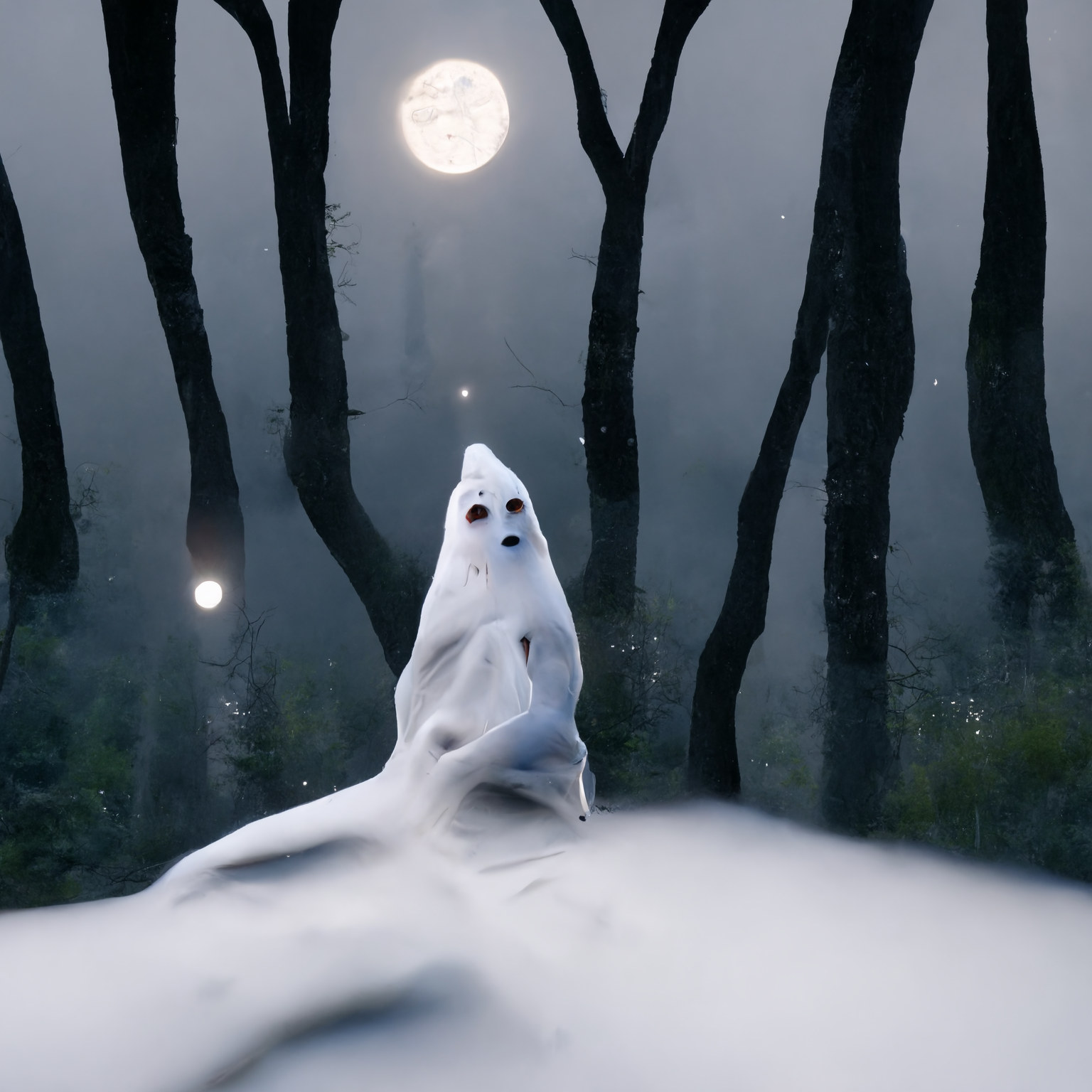 Traditional paranormal ghost in the woods with the moon in the sky.