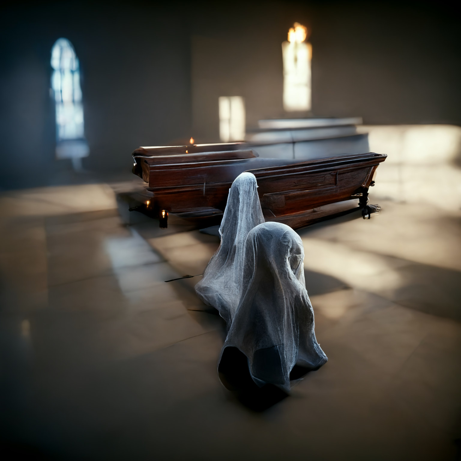 A church with paranormal small ghosts waiting by the coffin.
