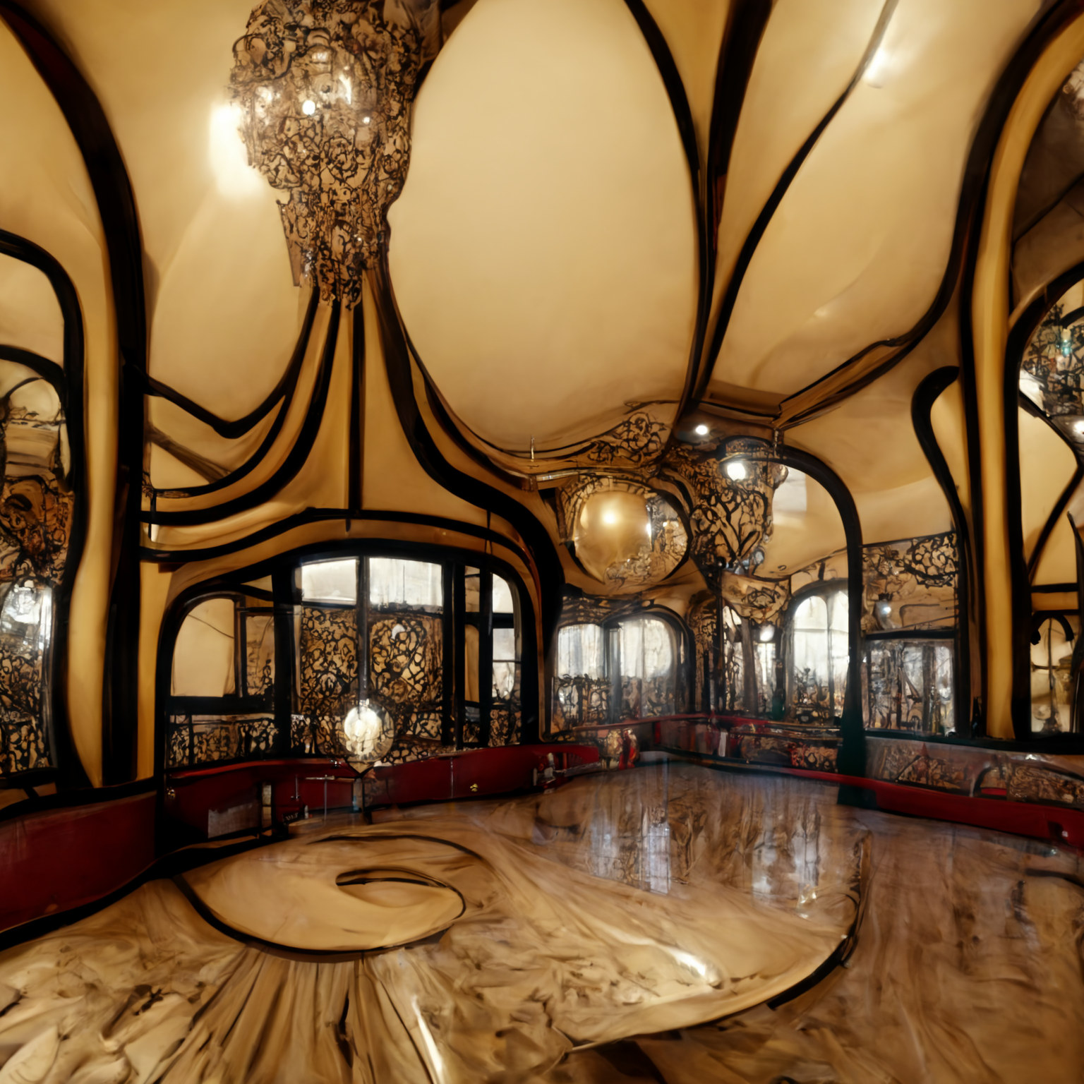 Swirling wall and floor designs from the 1900s.