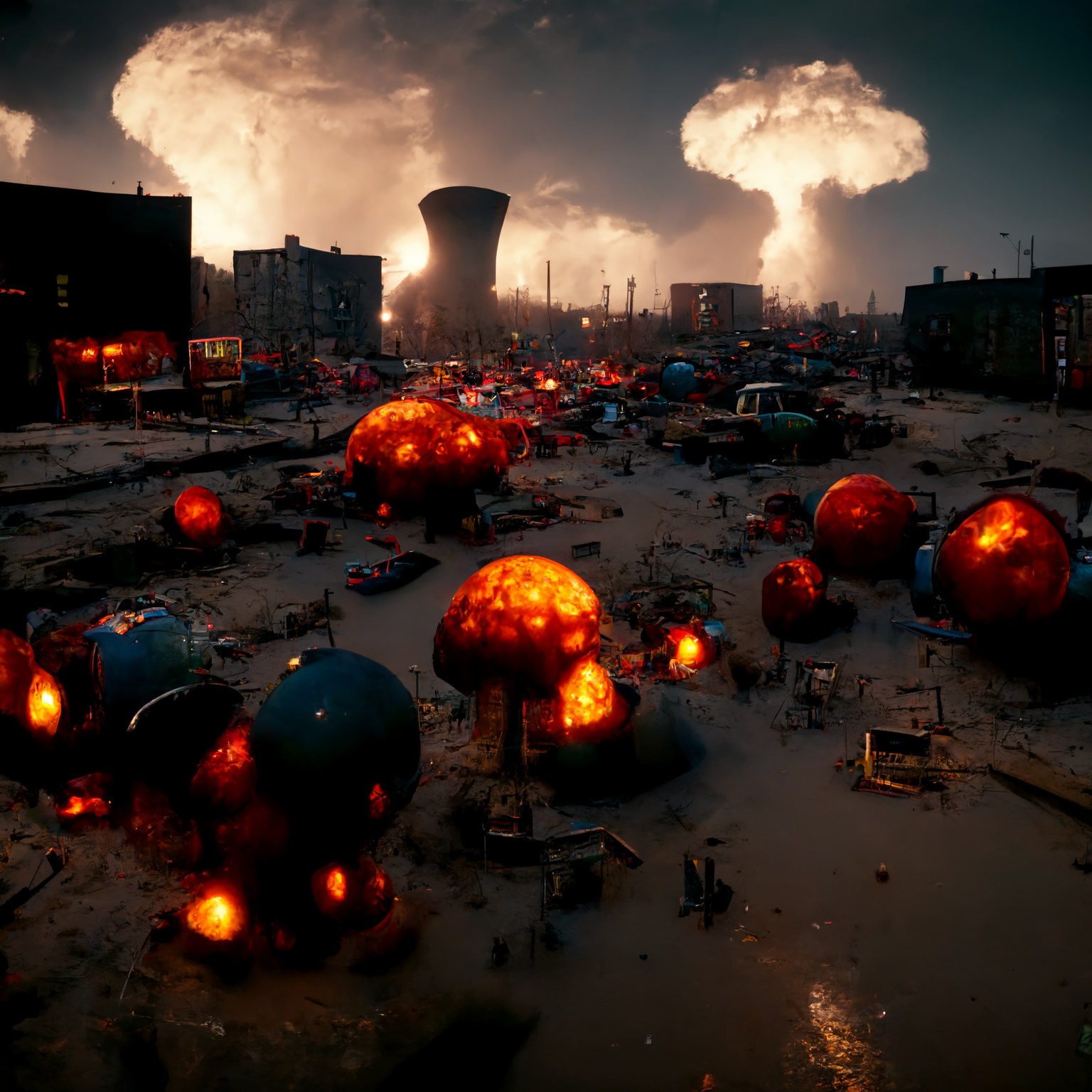 Mushroom atomic blast rising in the distance.