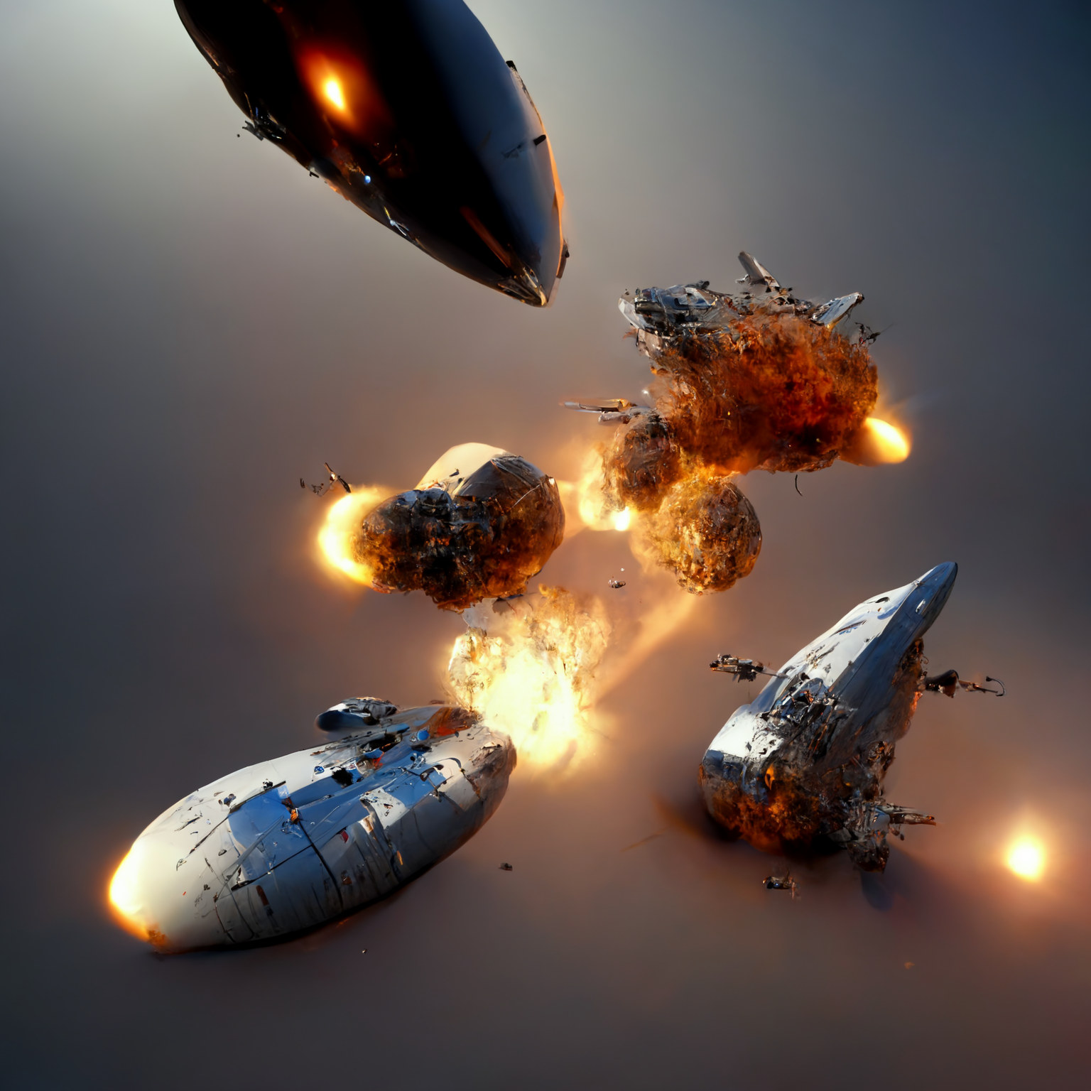 Spaceship suffers crushing defeat in battle and breaks into pieces.