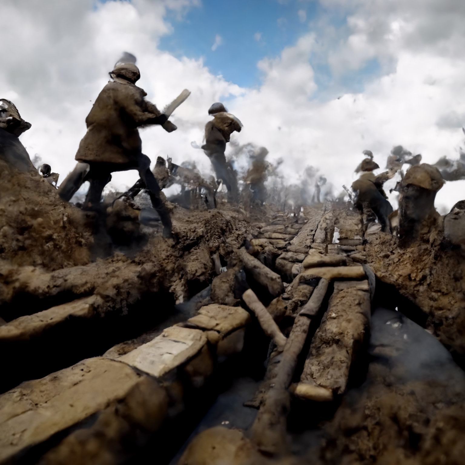 Soldiers scrambling over the top of the edge of the trench.